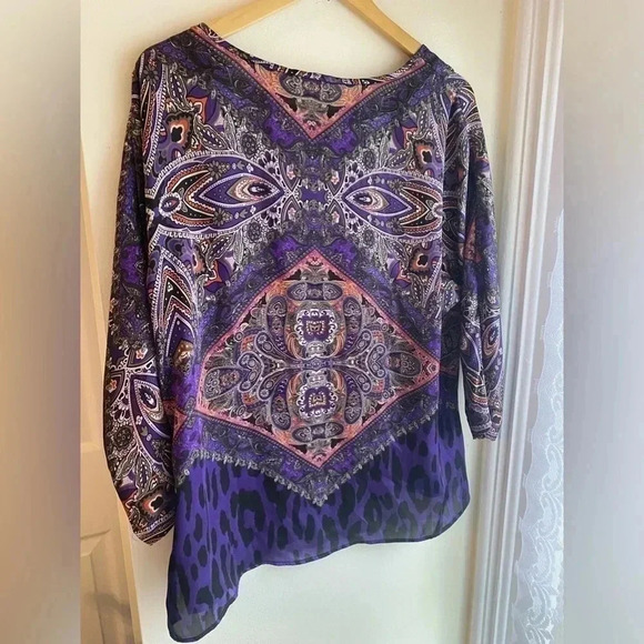 Chicos Paisley Leopard Print Blouse Purple Pink 3/4 Sleeve Boat Neck Size Large - Picture 6 of 6